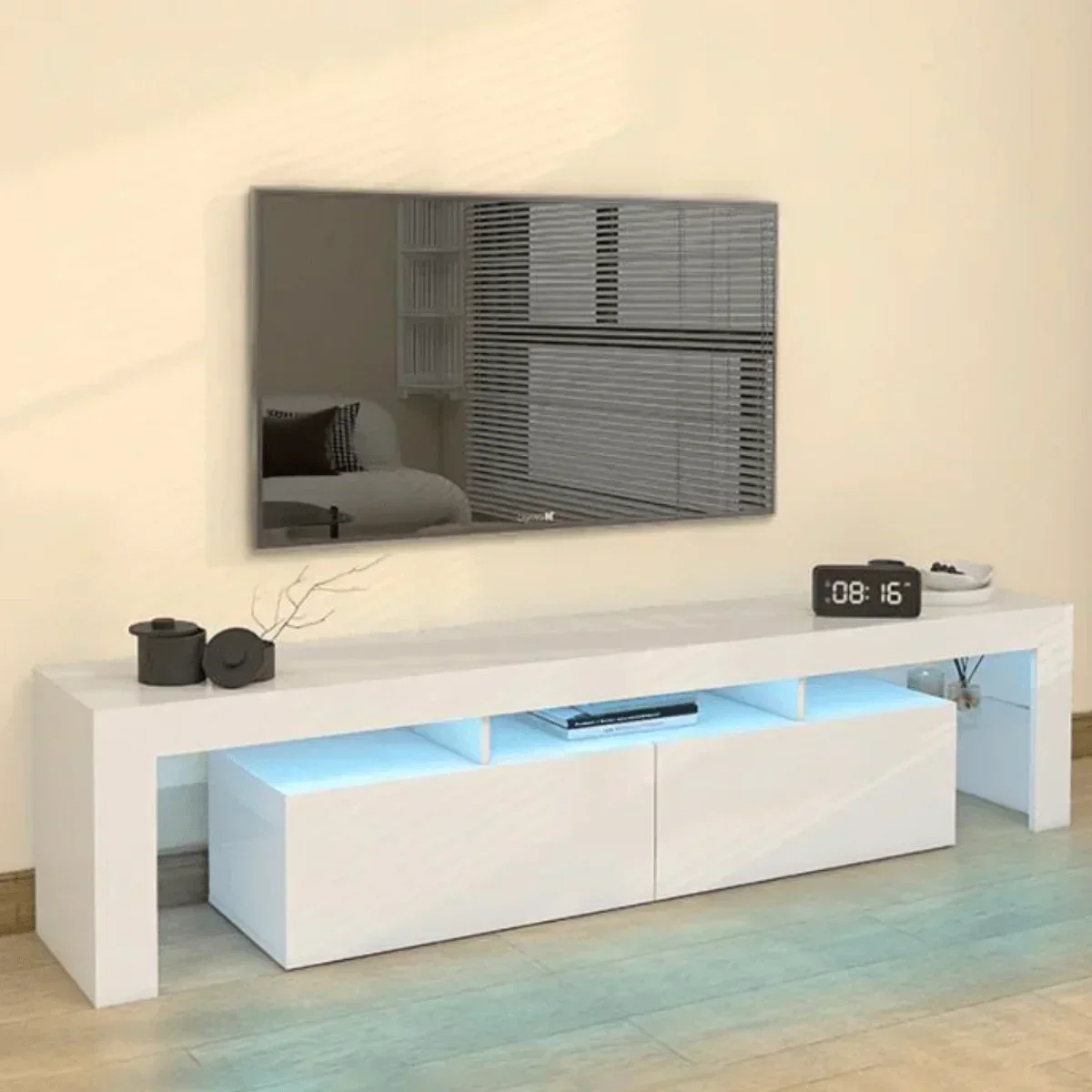 Meuble TV 200cm avec éclairage LED OTIS - Blanc - Image 3